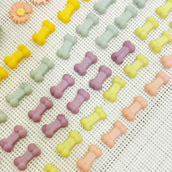 A small bowl of mini bone-shaped chicken cookies – bite-size treats for cats and dogs